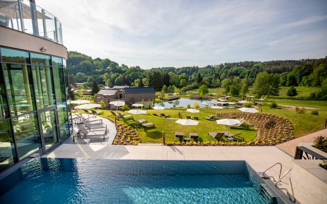 Außenansicht mit Pool und Liegewiese des Pfalzblick Wald Spa Resort