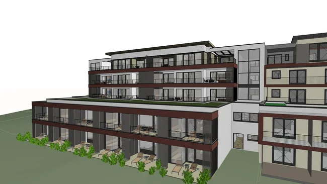 Mehr Komfort für besondere Urlaubsmomente Architekturvisualisierung eines modernen mehrstöckigen Gebäudes mit Balkonen, Terrassen und Grünflächen