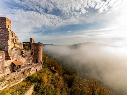 Burg auf felsigem Hügel mit Nebel und bewaldeten Hügeln im Hintergrund