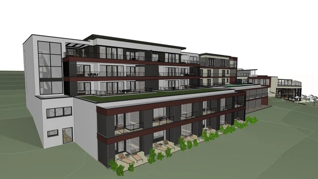 Mehr Komfort für besondere Urlaubsmomente Architekturvisualisierung eines modernen mehrstöckigen Gebäudes mit Balkonen und Terrassen